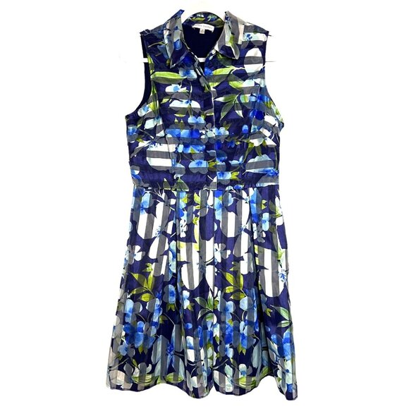 Sandra Darren Womens Floral Sleeveless Shirt Dress W/ Pockets Size 14 Blue Green - Picture 4 of 8